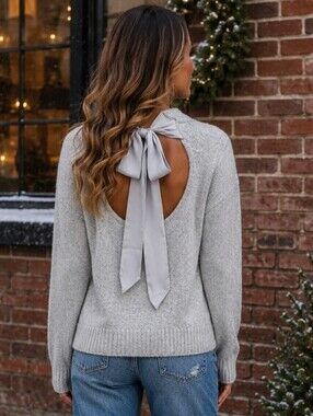 Express Gray Cable Knit Open Back Bow Sweater | NWT | Size S